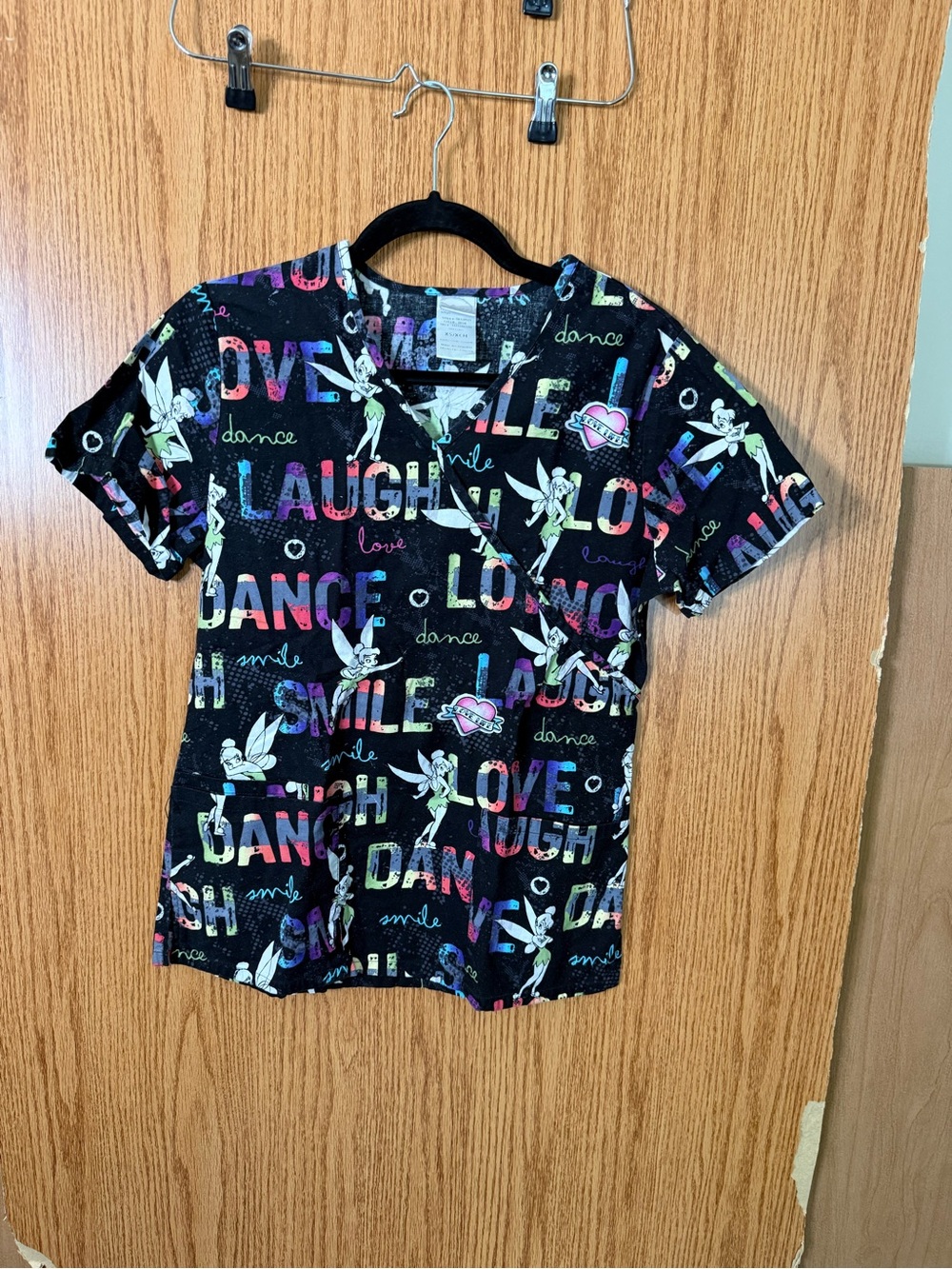 Black Medical Scrub Top featuring Tinker Bell  Character with Multicolor Words